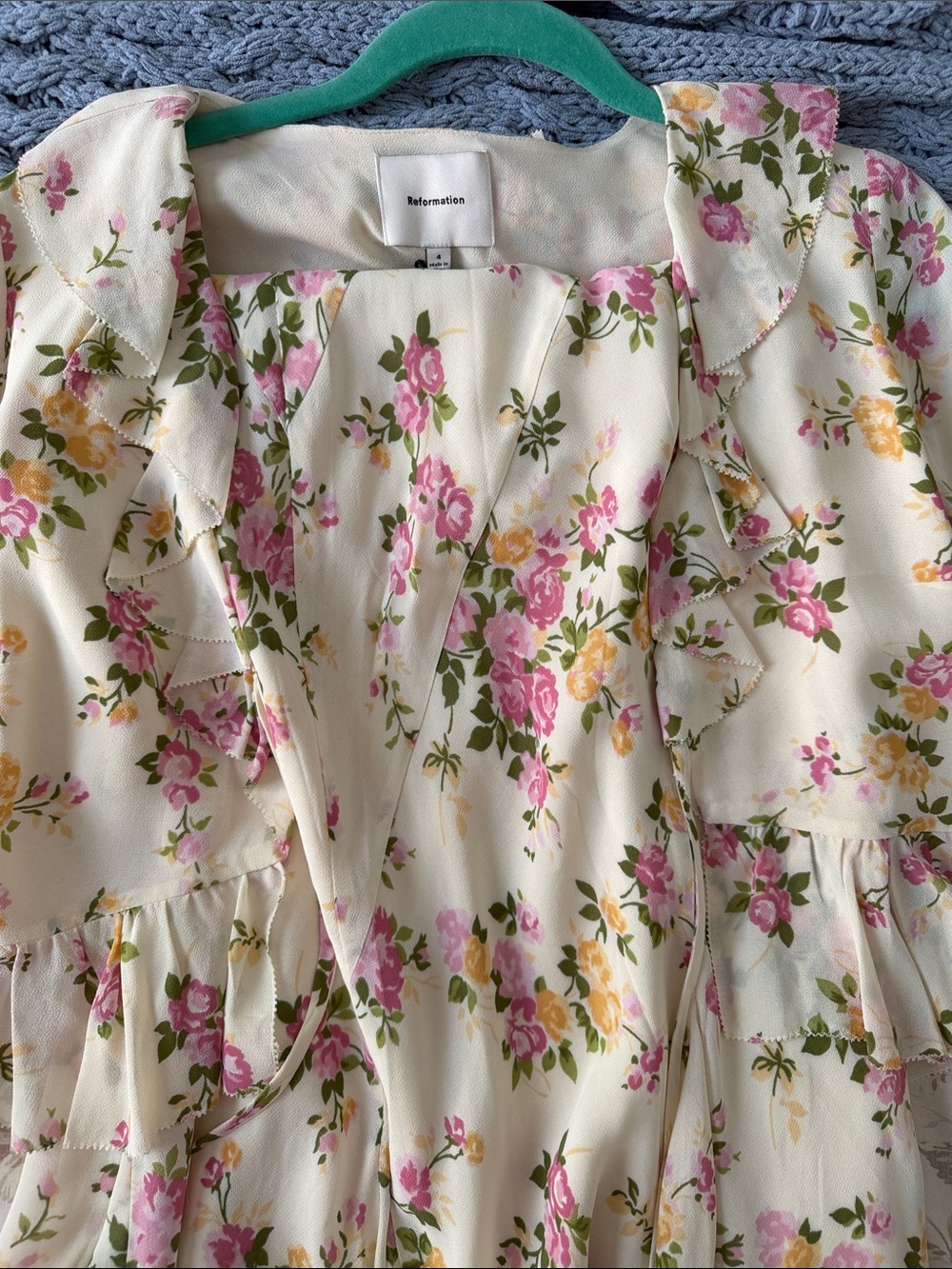 Reformation Cream Floral Ruffle set top and skirt with Pink & Yellow Bloom